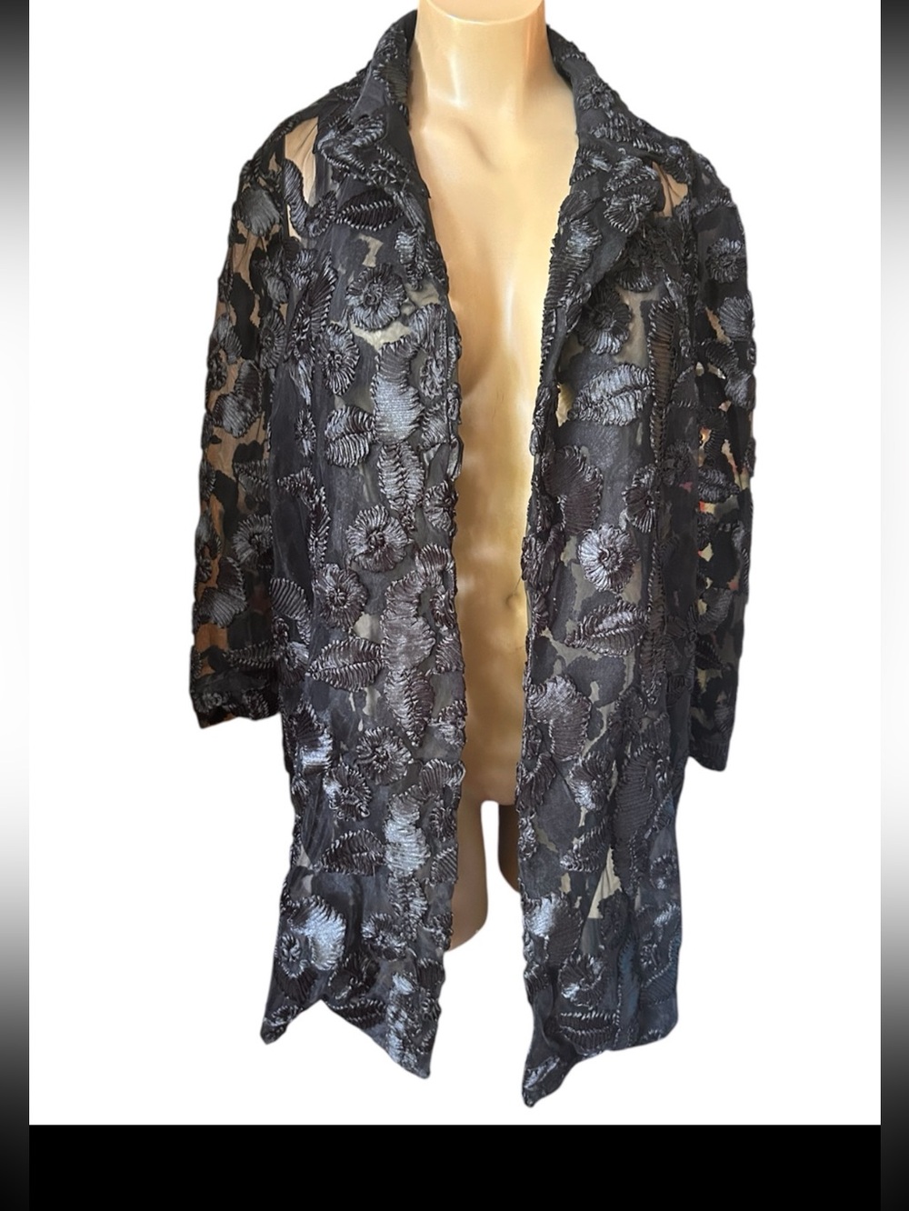 Black Floral Embroidered Sheer Coat